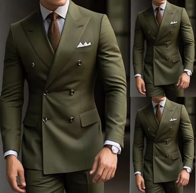Olive Green Men's Suits Peak Lapel Double Breasted Wedding Groom Tuxedo 2 Pieces