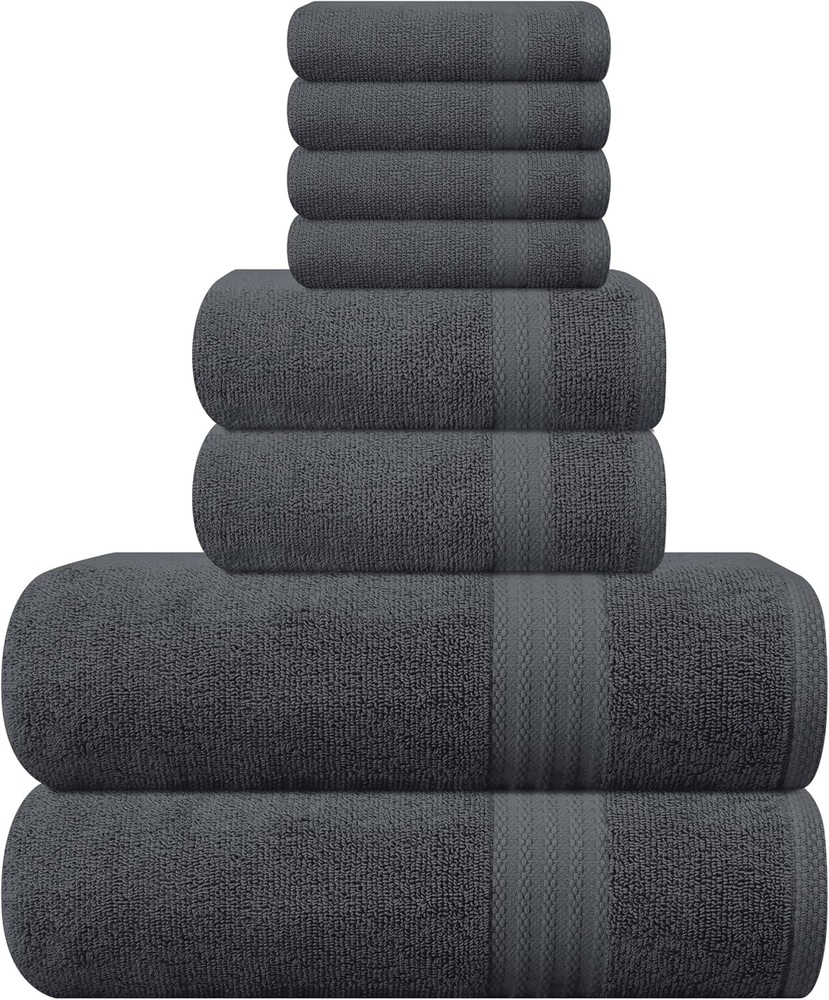 GLAMBURG Ultra Soft 8-Piece Towel Set in Charcoal Grey - 100% Cotton