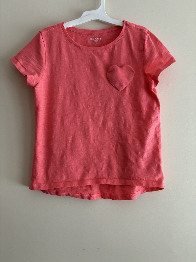 Old Navy Softest Tee Kid Girl Heart Pocket Cotton Crewneck T-Shirt Coral L 10-12