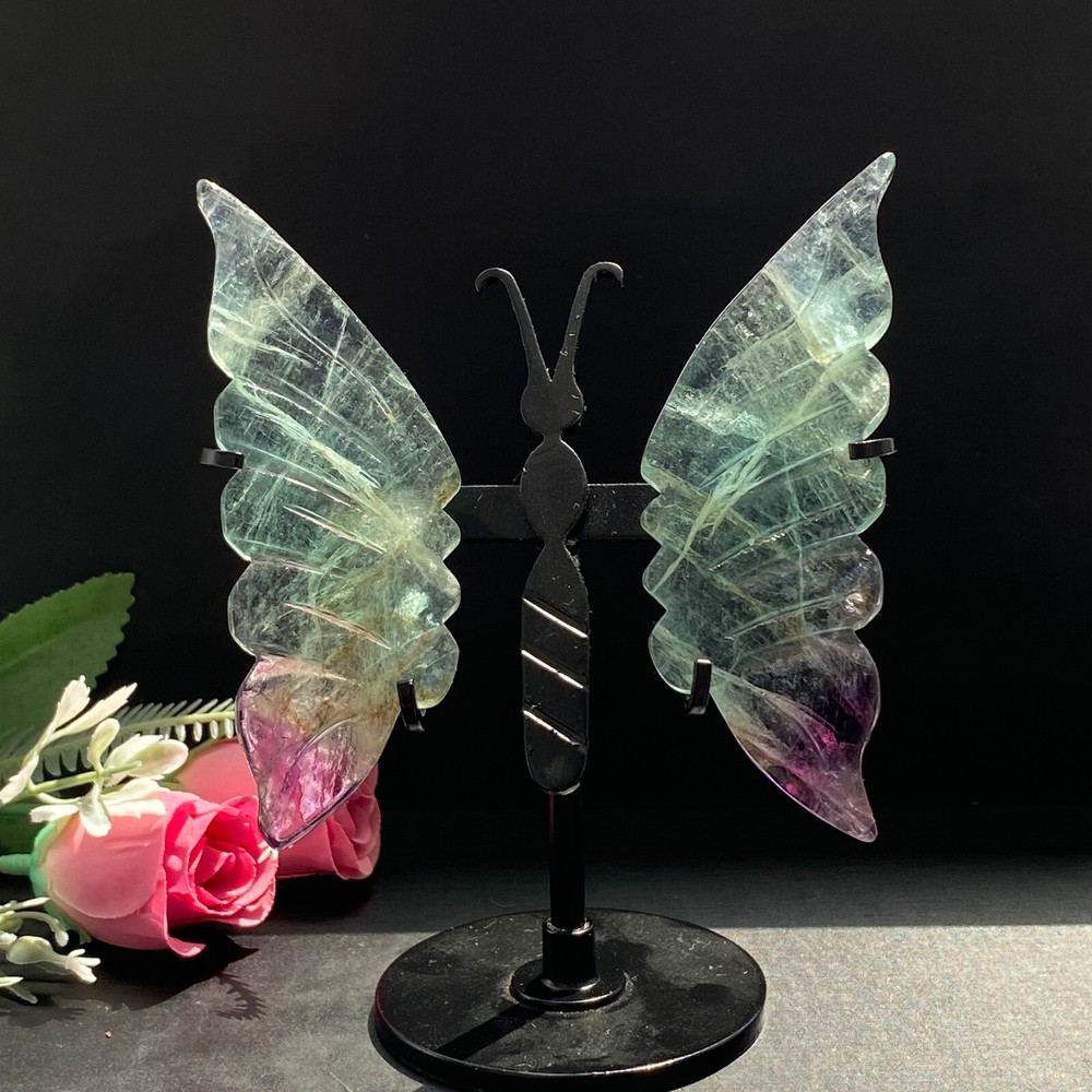 Natural Crystal Fluorite Butterfly Wings Healing Reiki Statue Decor + Stand