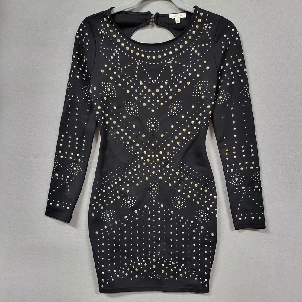 Sexy Black Long Sleeve Apeach Bodycon Dress with Stud Details for Women - Small