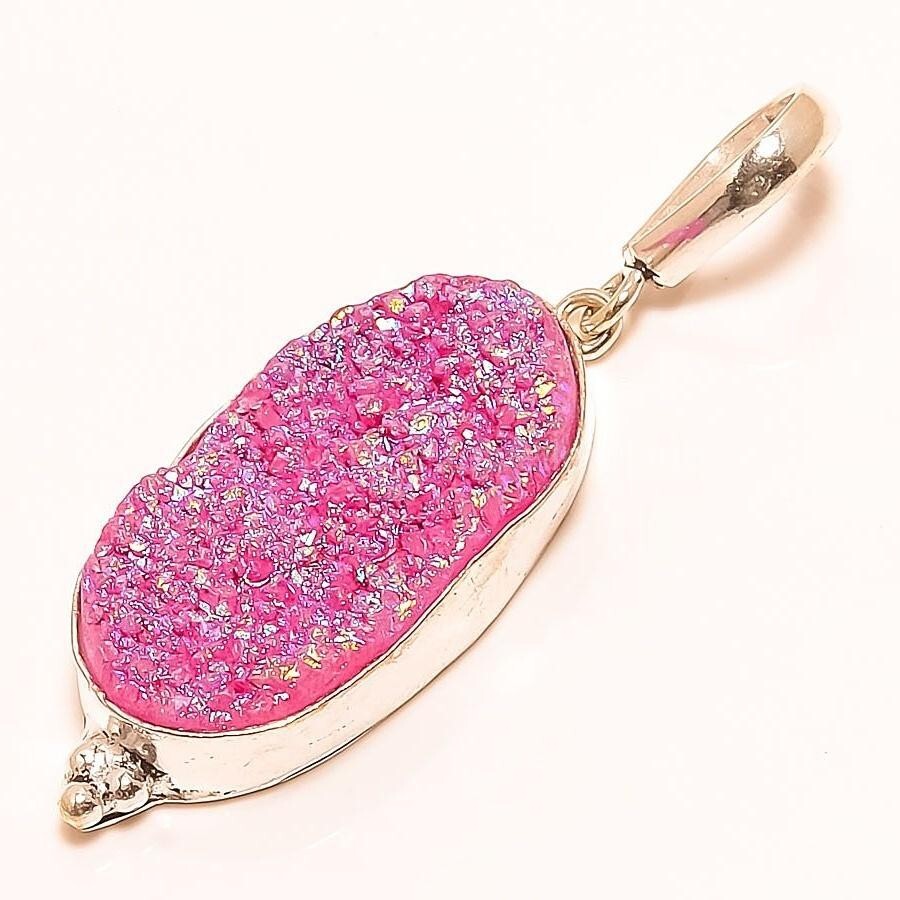 Cyber Monday Sale PINK TITANIUM DRUZY Stone 925 Sterling Silver Daughter Pendant-image