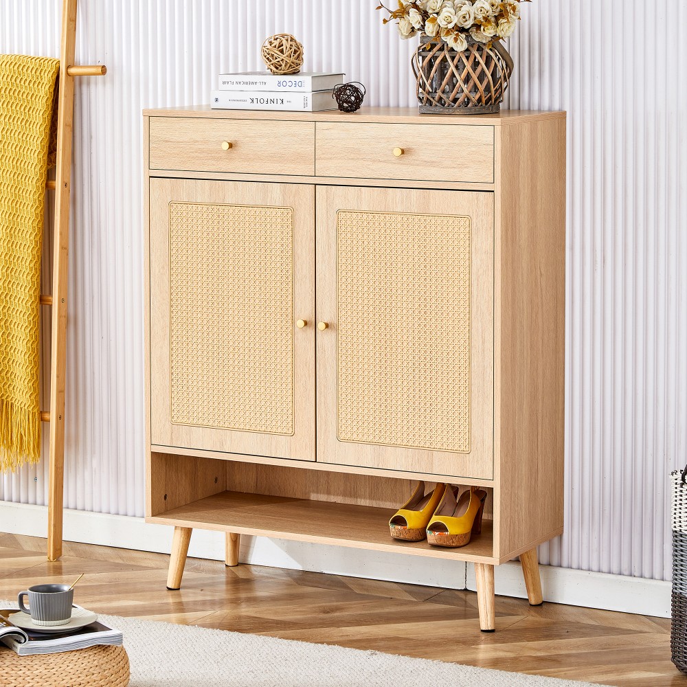 Multi functional shoe cabinet with natural wood grain drawers and cabinet doors