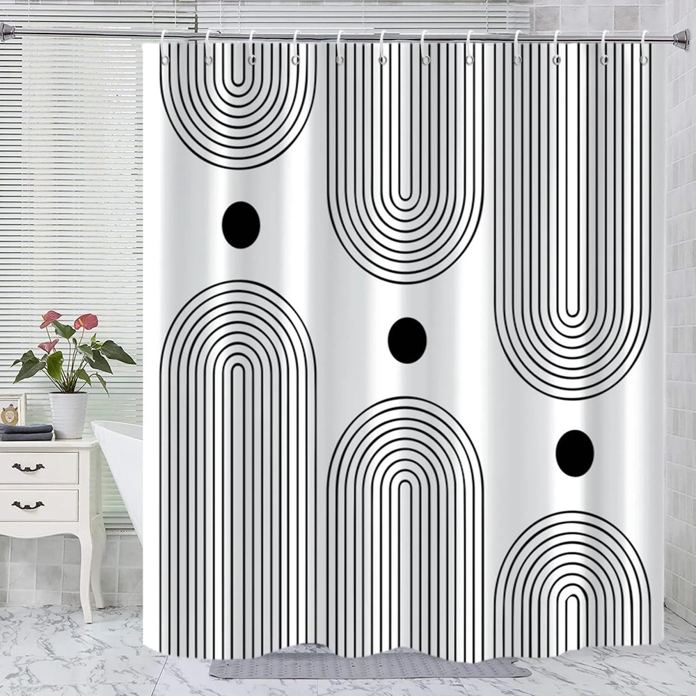 White and Black Shower Curtain, Boho Minimalist Mid Century Modern Arch Geometri