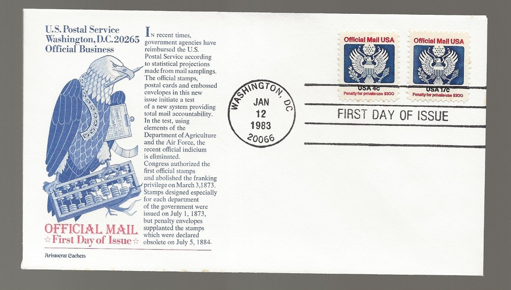 US Scott #O128 & O130, First Day Cover 1/12/83 Washington Singles Official