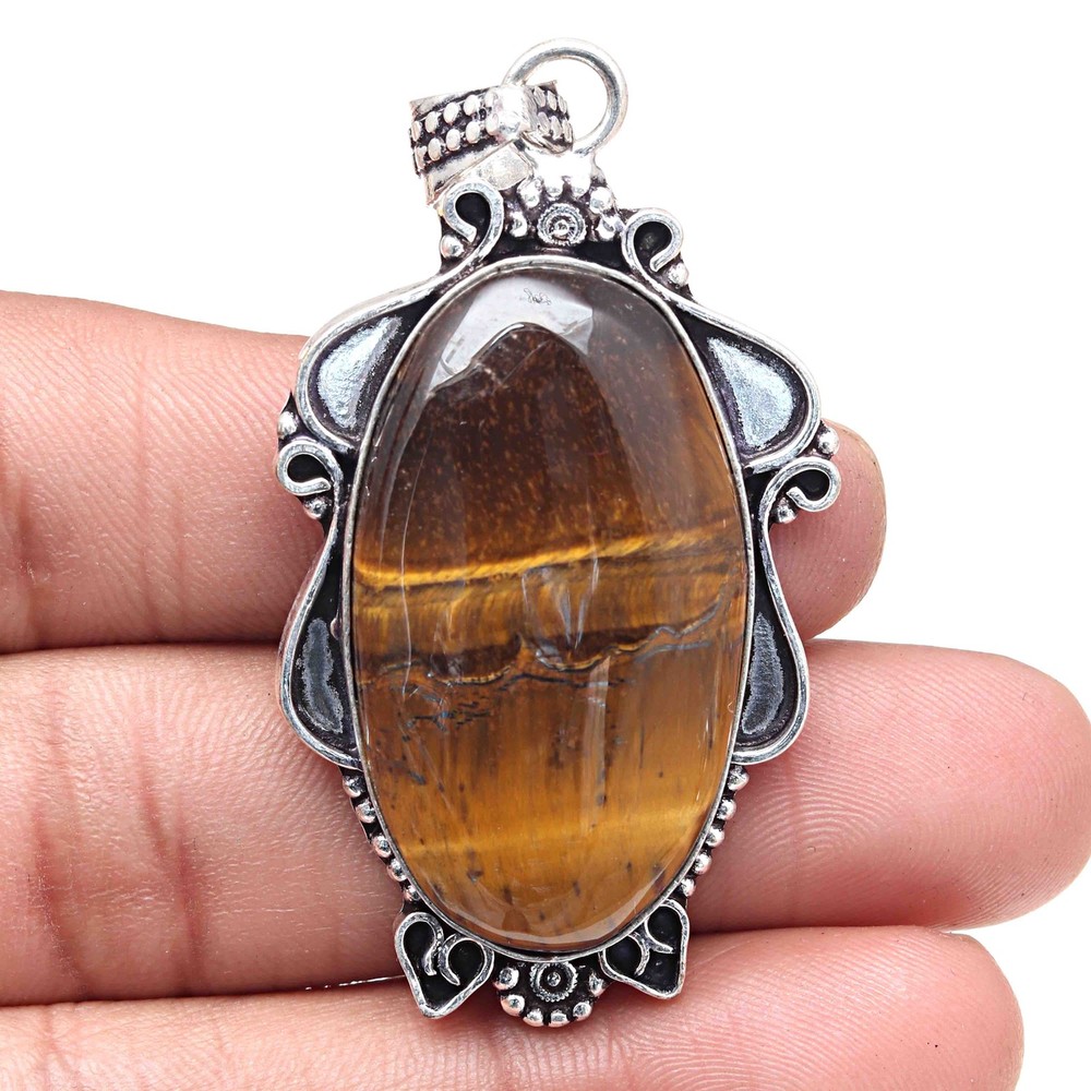 Tiger Eye Gemstone Silver Pendant Handmade Valentine Jewelry 2.25 Inch