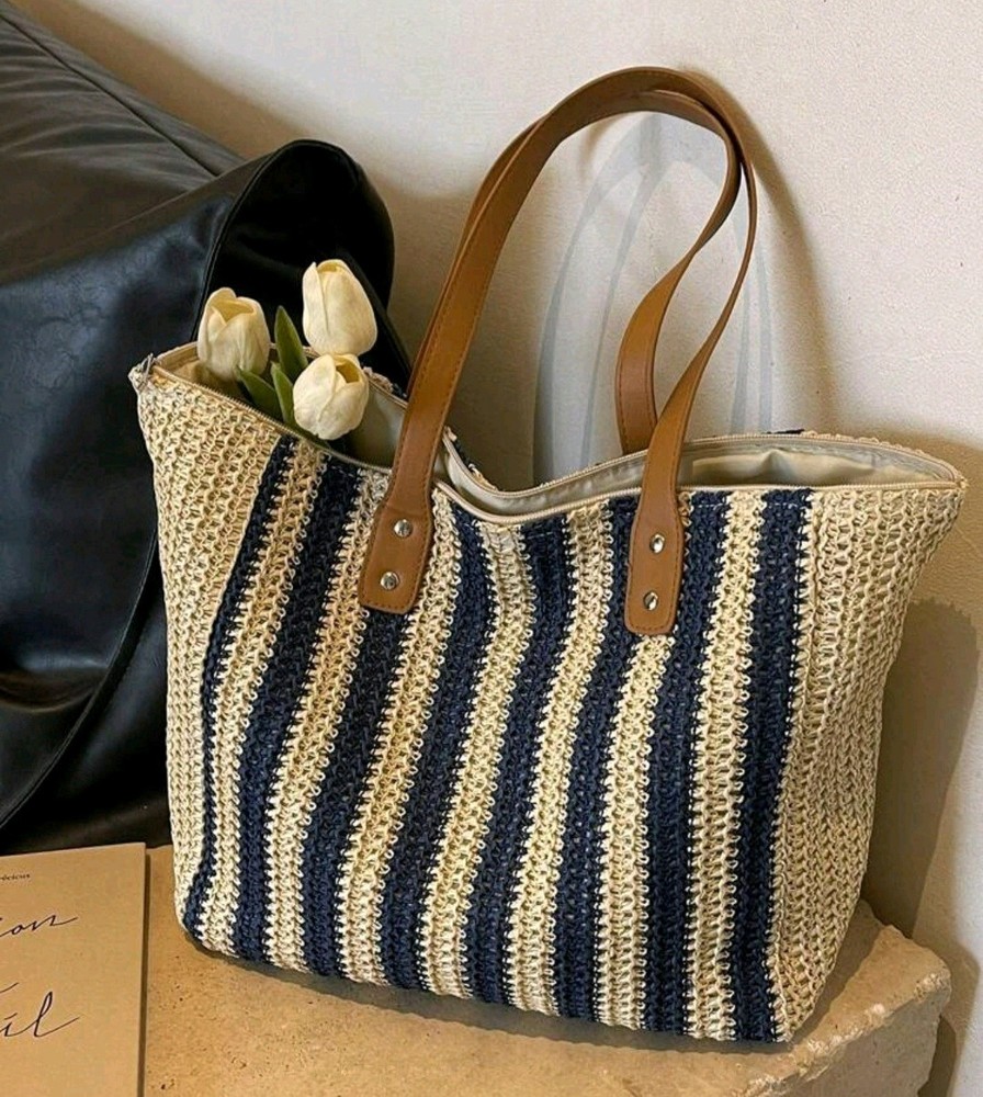 Large Summer Beach Tote Bag Woven Straw Shoulder Handbag for Women Holiday Bag