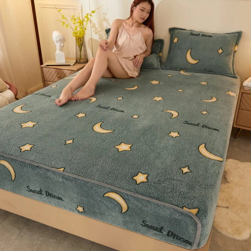 Milk Velvet Cartoon Print Elastic Fitted Sheet Mattress Cover  