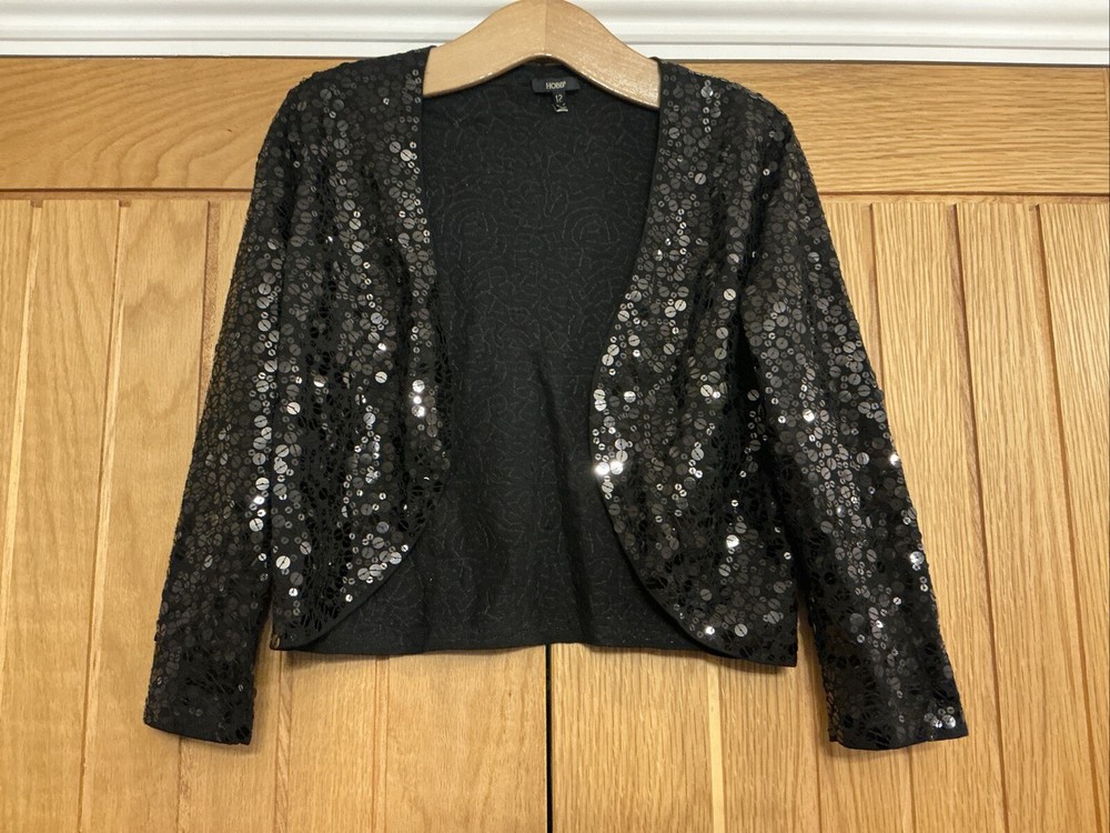 Hobbs Beautiful Black Sequin Shrug Over Top Jacket - Size 12