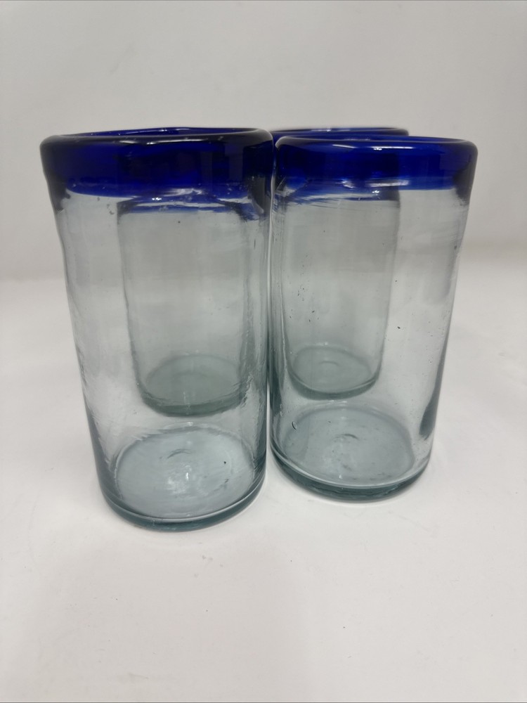 Hand Blown Mexican Bubble Glass Tumblers Set of 4 with Cobalt Blue Rim