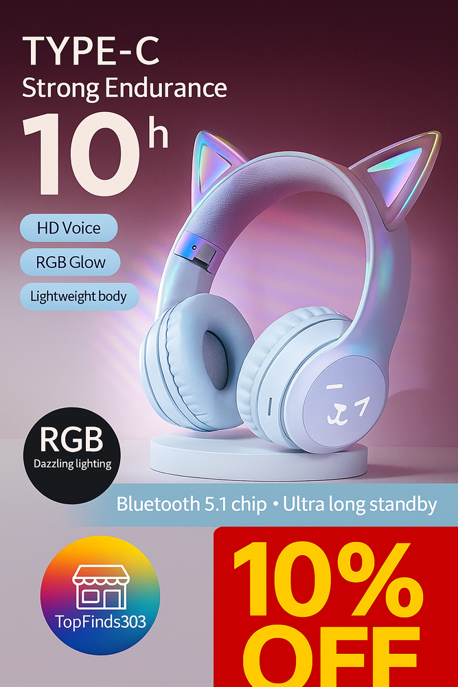 RGB Cat Ear Bluetooth Headphones Wireless with Mic for Girls Kids Stereo Headset