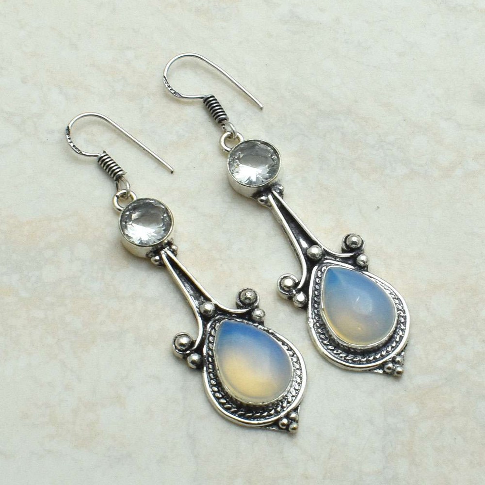 Opalite White Topaz Gemstone Handmade Drop Dangle Earrings Jewelry 2.48