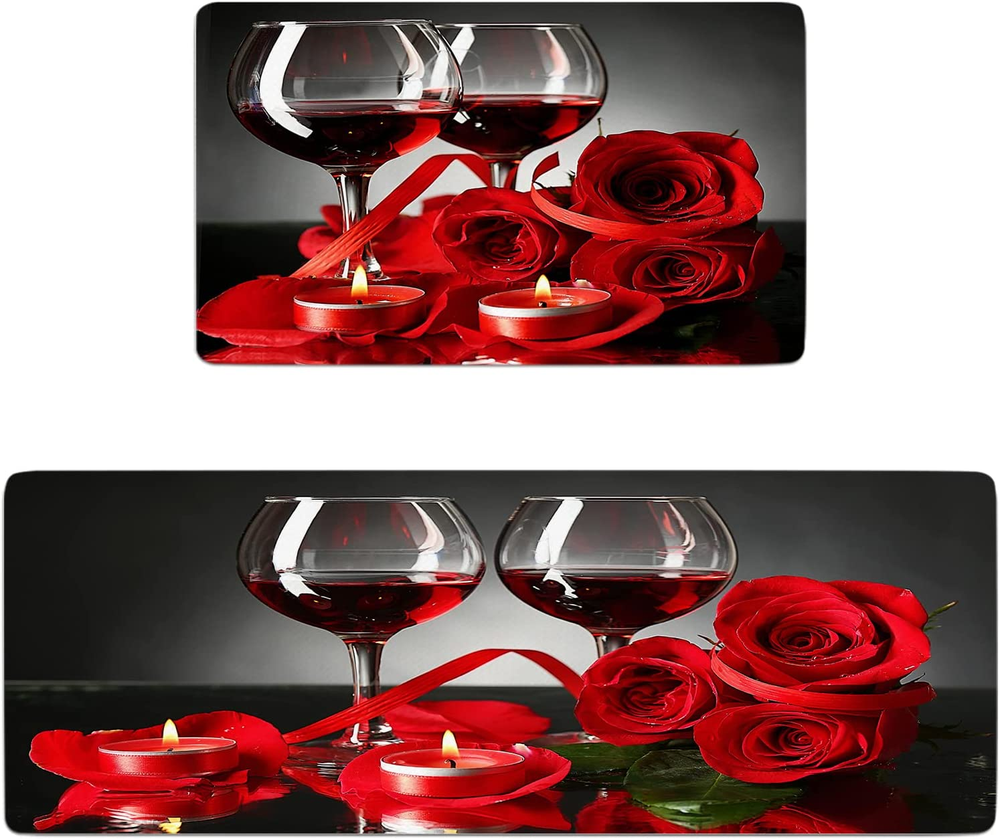 Set of 2 Red Anti-Fatigue Kitchen Rugs with Rose Design for Comfort