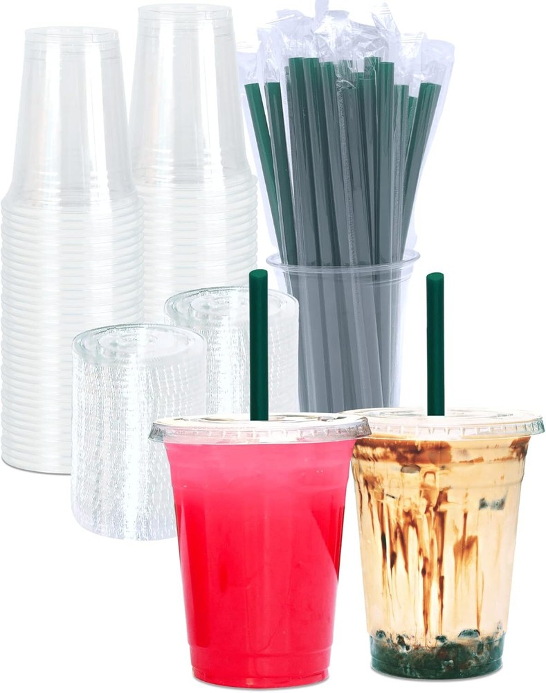 16 oz Clear Disposable Plastic Cups with Lids & Straws - 50-Pack