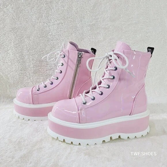 Pink Hologram Platform Combat Ankle Boots Punk Rave Festival Slacker 55