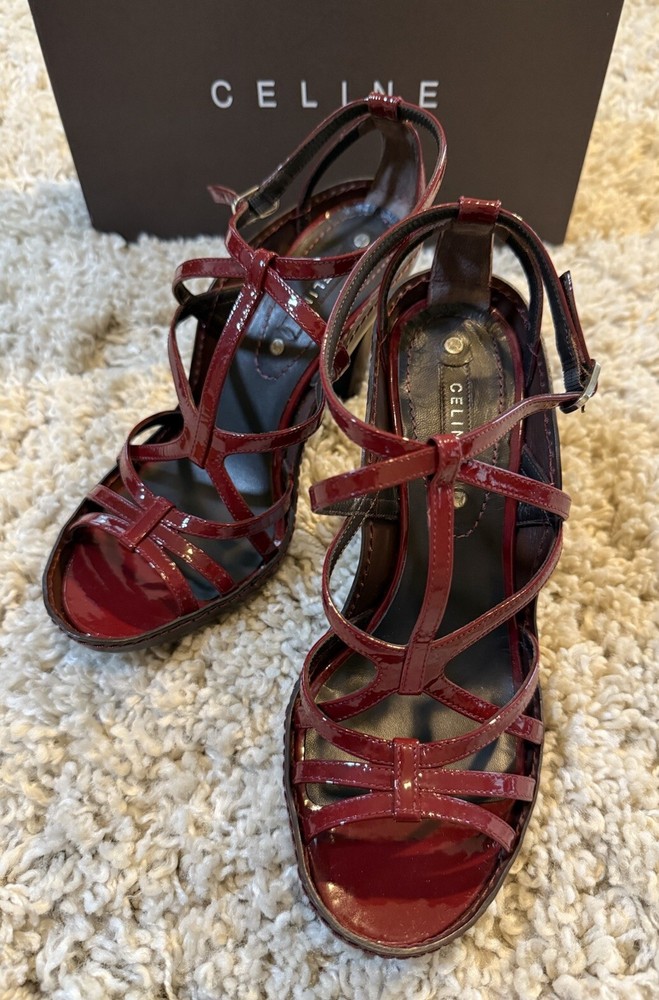 CELINE Burgundy Red Patent Leather Cage Heel Pumps Sandal Size 7.5 37.5 NWB