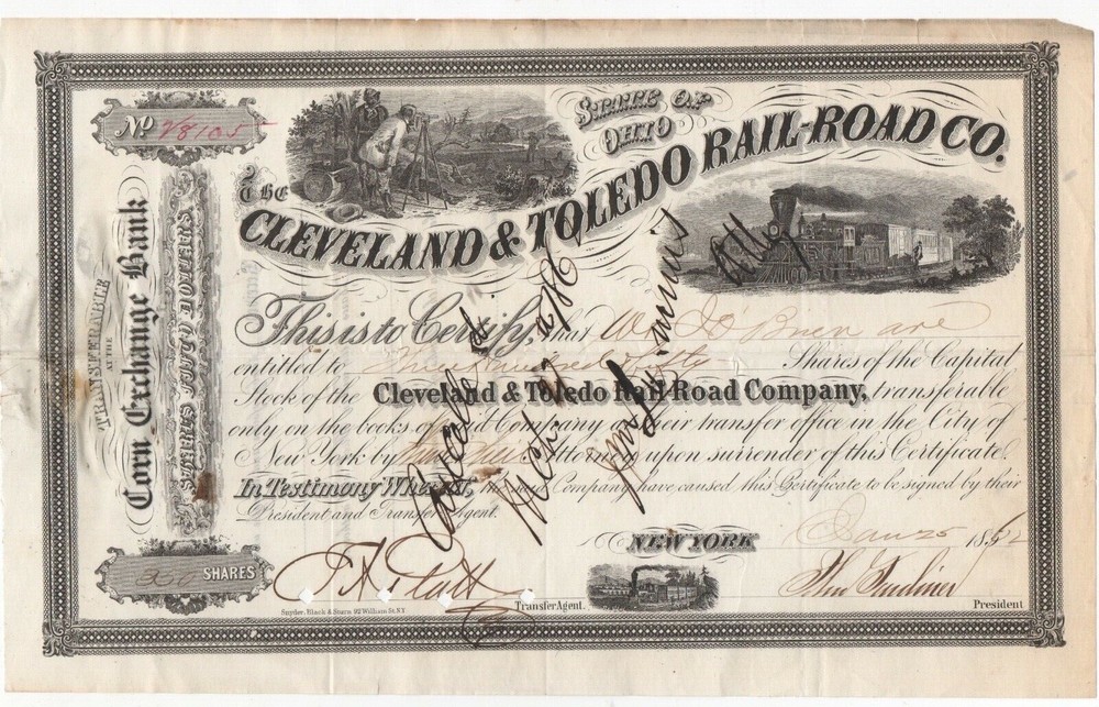 1862 Cleveland & Toledo Railroad Vintage Stock Certificate Collectible