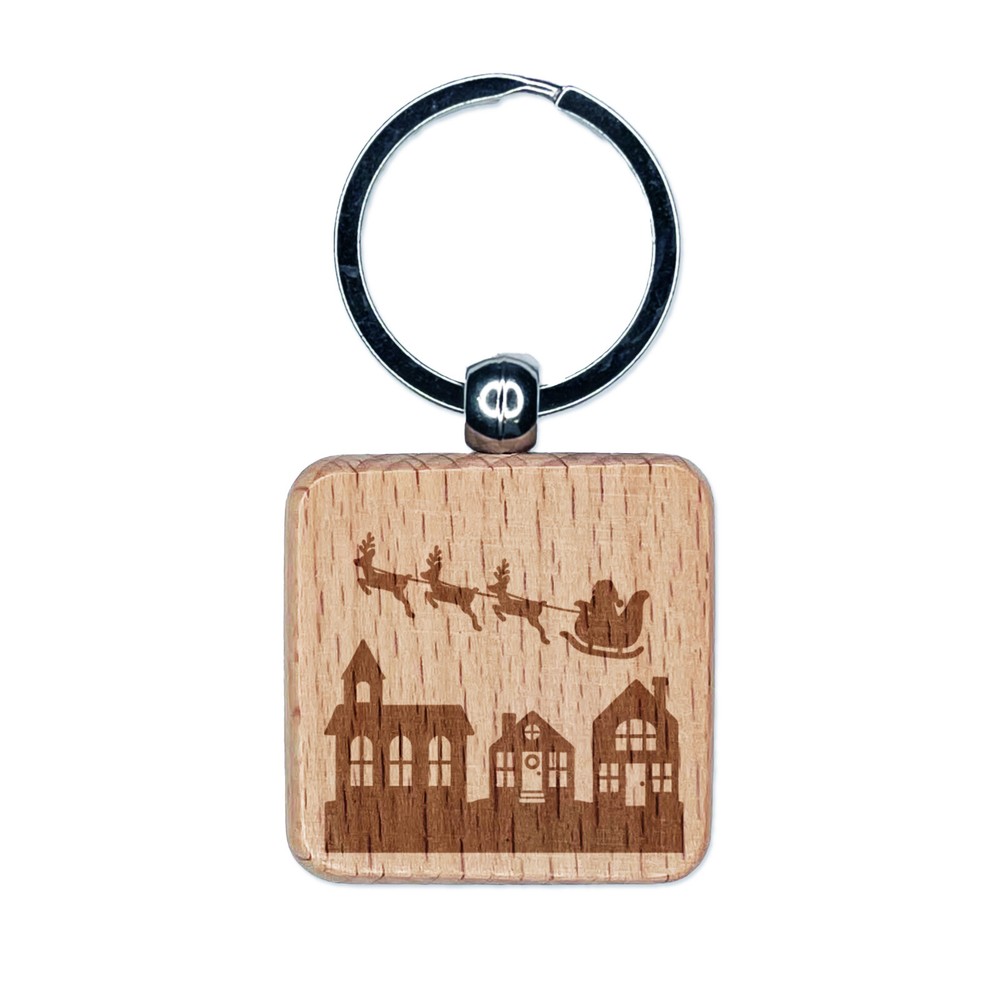 Santa Sleigh Over Town Engraved Wood Keychain Christmas Charm  