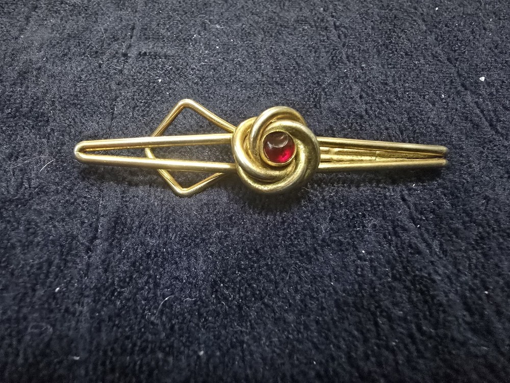 Vintage Gold Filled Swank Love Knot Tie Bar with Red Cabochon Stone
