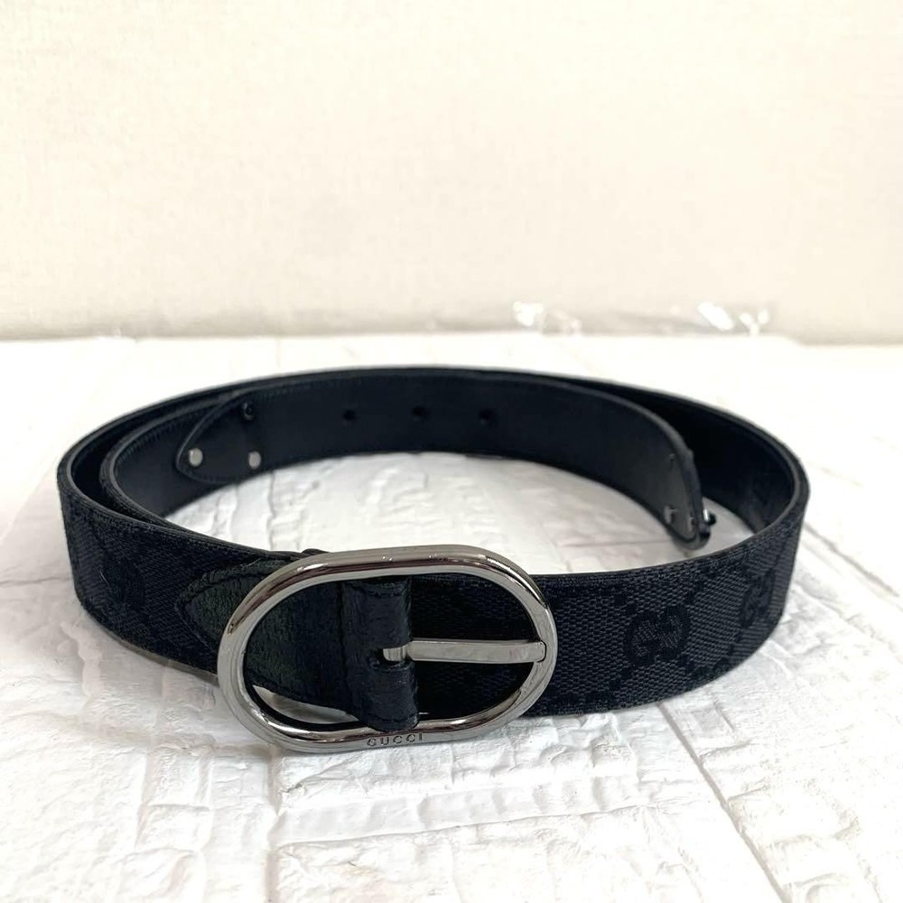Gucci GG Leather Unisex Belt 99.5cm Adjustable Black Beige Pre-Owned  