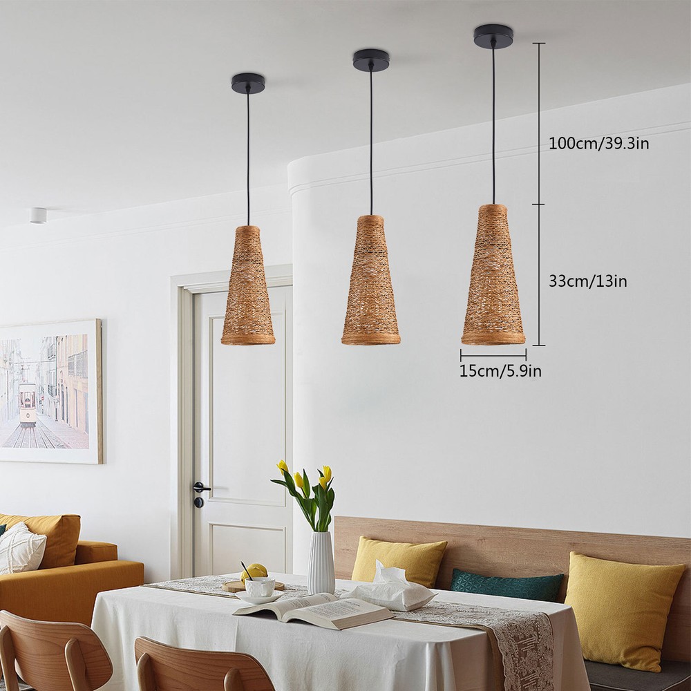 3Pcs Bamboo Wicker Rattan Shade Pendant Light Fixture Art Hanging Ceiling Lamp