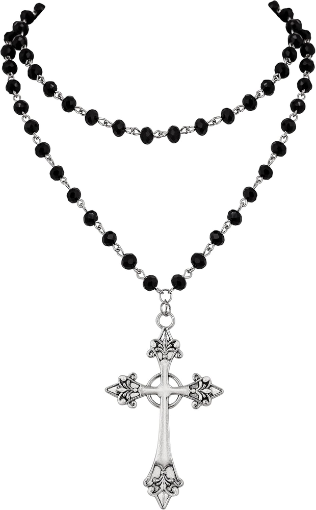 Goth Layered Cross Necklace, Gothic Emo Grunge Y2K Necklace, Black Bead Choker,