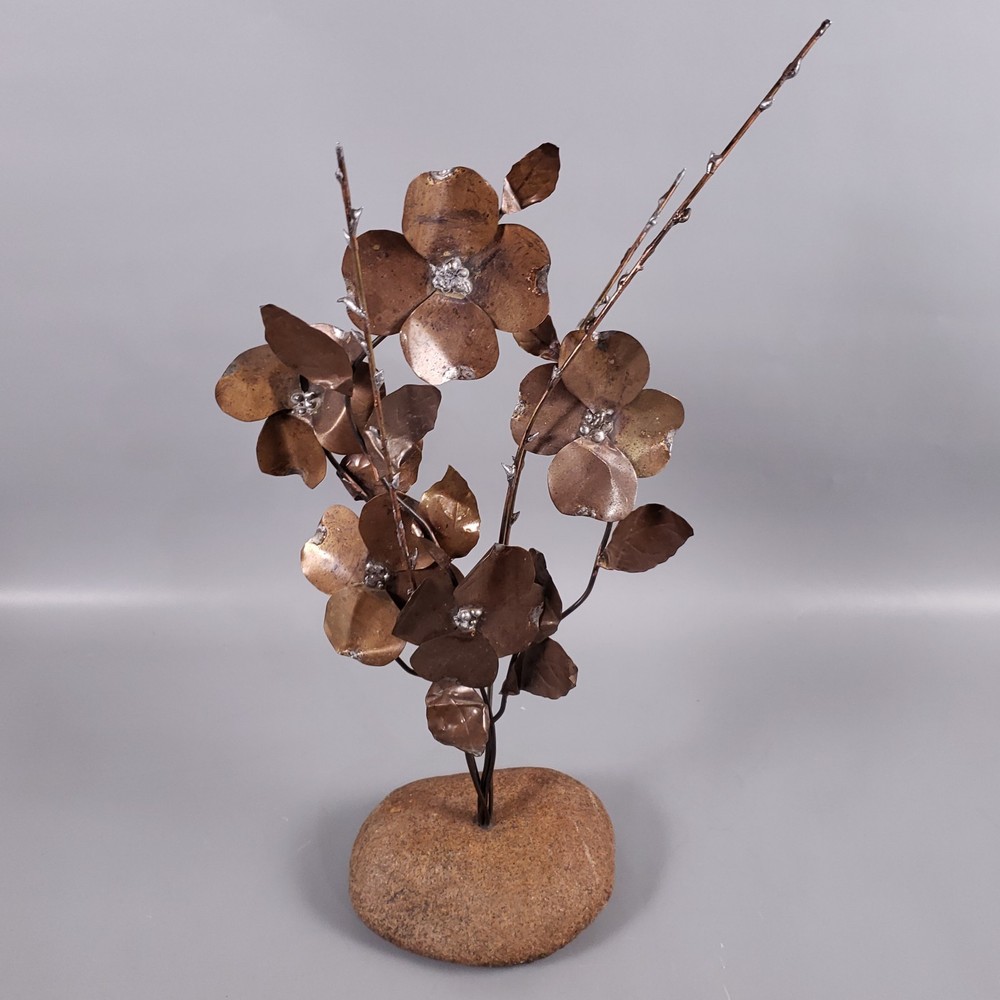 Signed Brutalist Brass Floral Sculpture - Vintage Rustic Metal Art