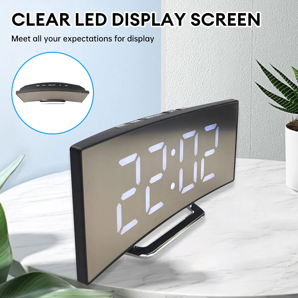 Digital Curved Screen Mirror Clock LED Display Snooze Table Alarm For Bedroom
