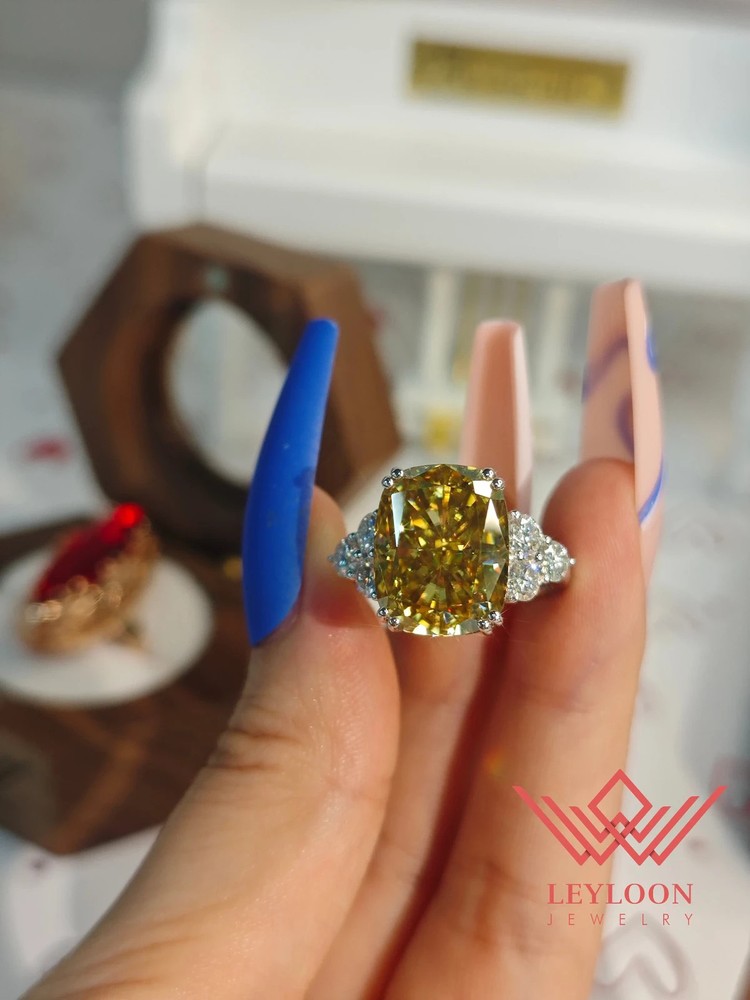 10 Carat Cushion Cut Yellow Crushed Ice Moissanite Ring in 18K White Gold