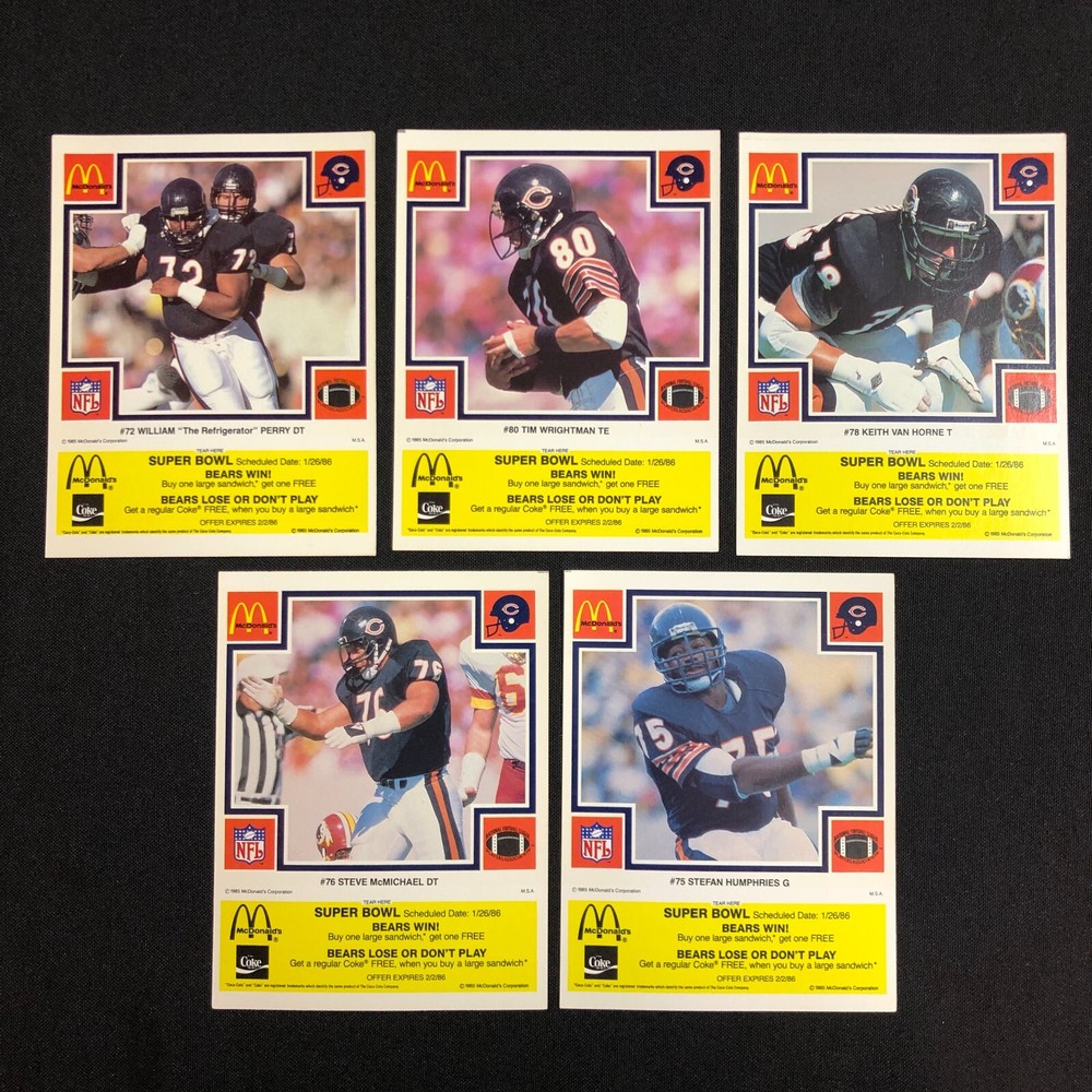 1985 Chicago Bears McDonalds Super Bowl  Vintage Coupon Trading Cards Lot of 5-image