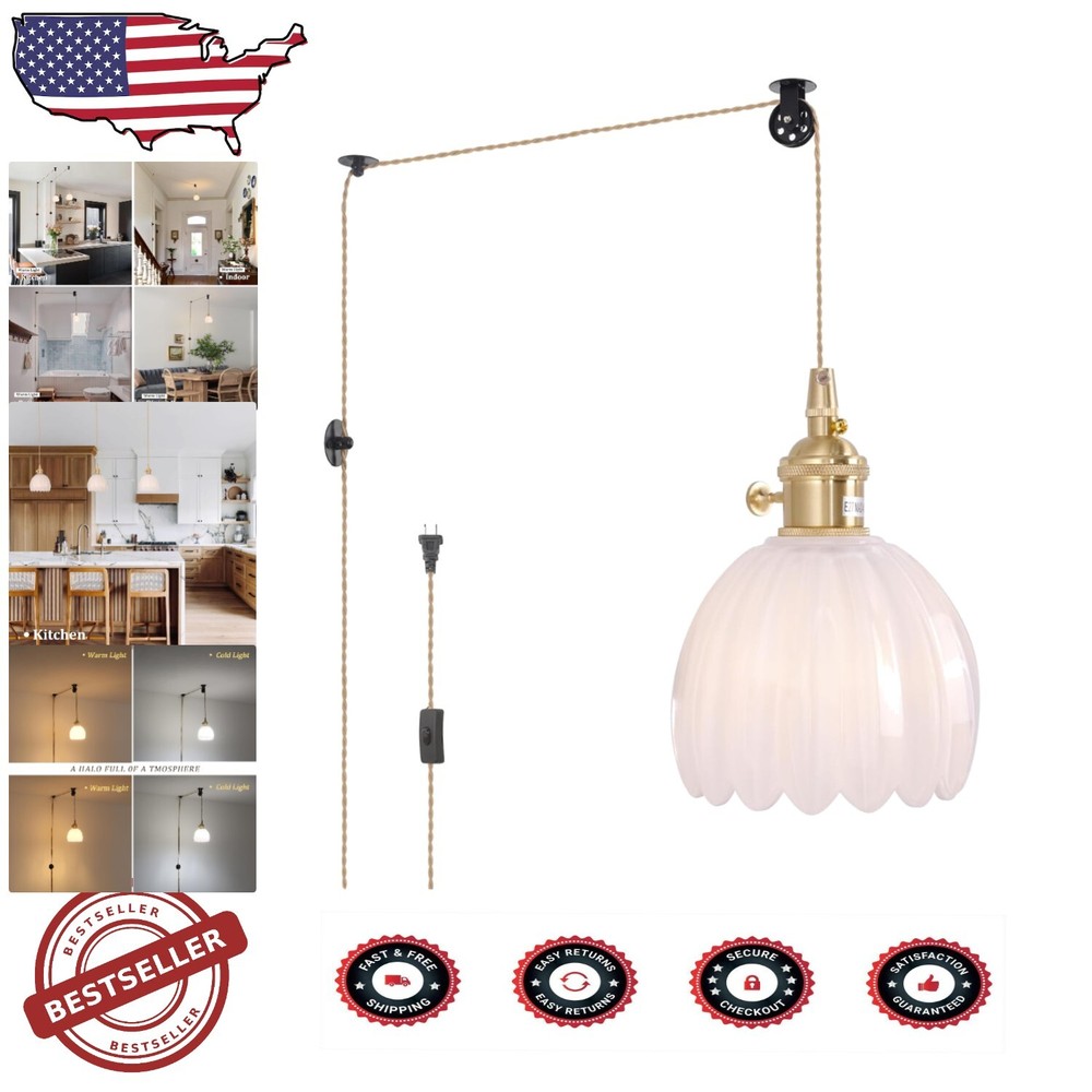 Touch Control Vintage Pendant Light with 14.7ft Adjustable Cord & Retro Glass Shade