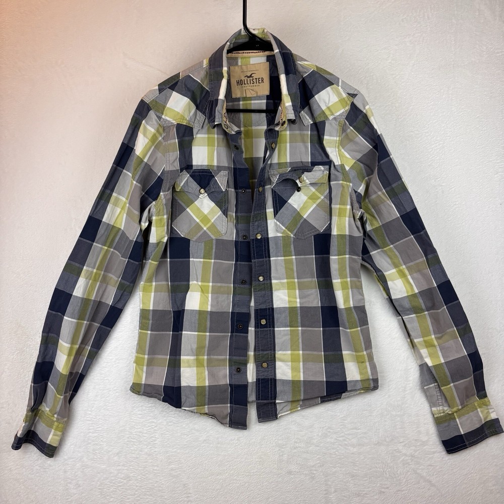 Hollister Plaid Shirt Mens L Large Cotton Plaid Snap Button Up Long Sleeve