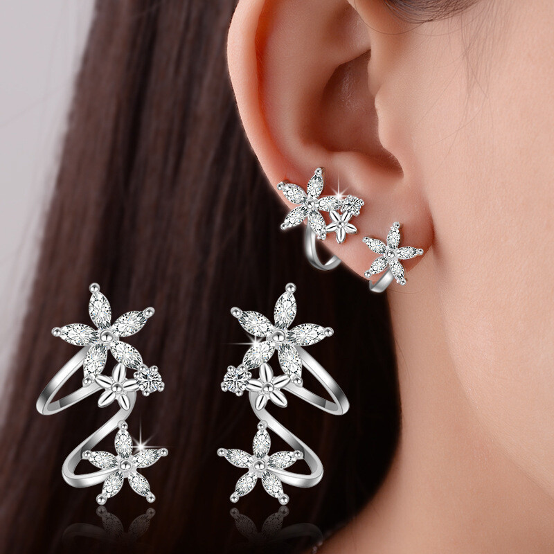 Women Clip-On Flower Earrings Zirconia Stud Ear Jewelry Set