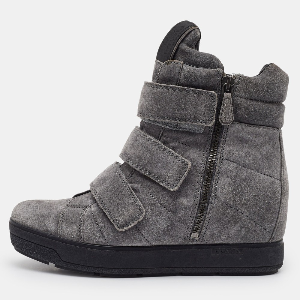 Prada Sport Grey Suede High Top Wedge Sneakers Size 37 EU