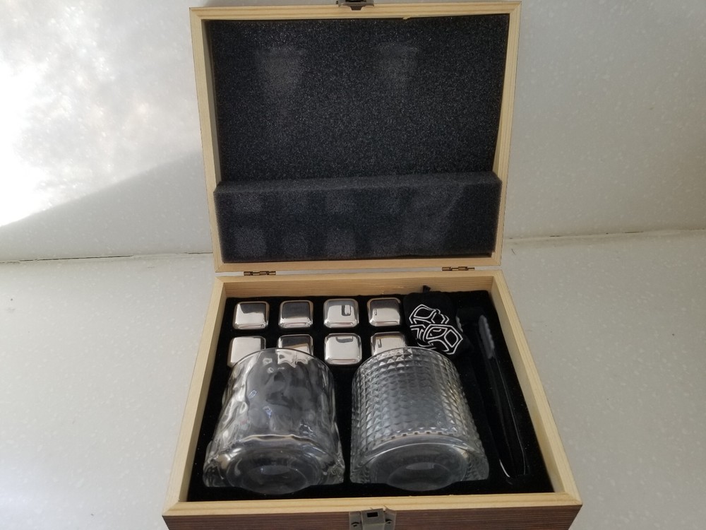 Luxury Whiskey Gift Set with Glasses, Chilling Stones & Wooden Hinged Box