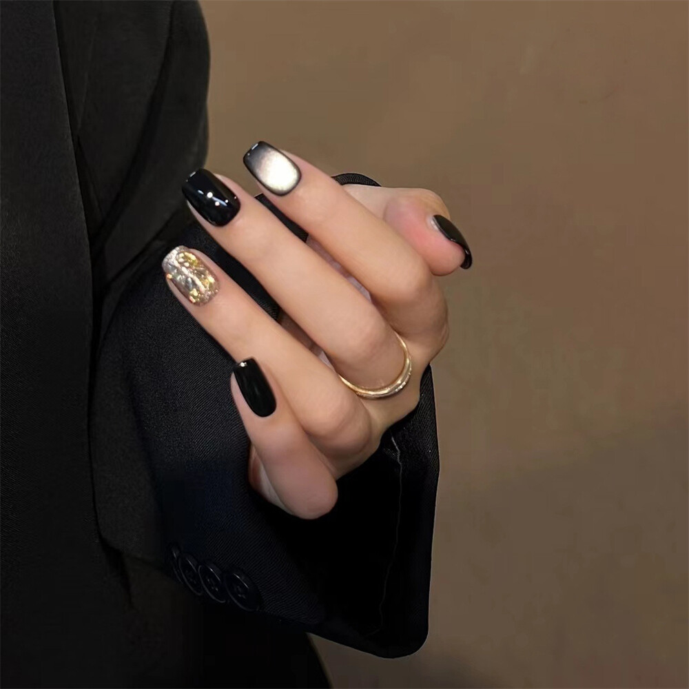 Dark Black Cat's Eye False Nail Short Square Press on Nails for Nail Art 24pcs