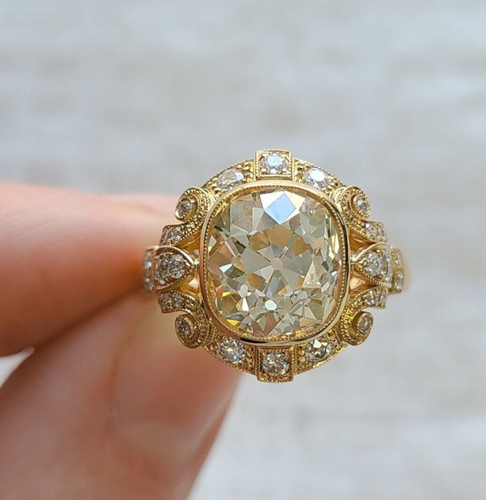 Art Deco Style Ring Cushion Simulated Diamond Engagement 14k Yellow Gold Plated