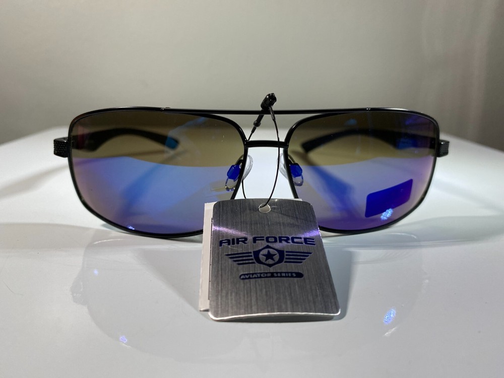 Men’s black wire aviation sunglasses with blue reflective lens