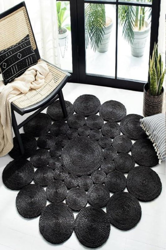 Round New Handmade Jute Round Rug Handwoven Black Jute Rug: Round