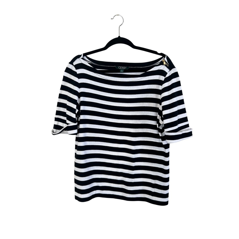 Ralph Lauren Black White Striped Boat Neck Top Gold Shoulder Zip XL Old Money