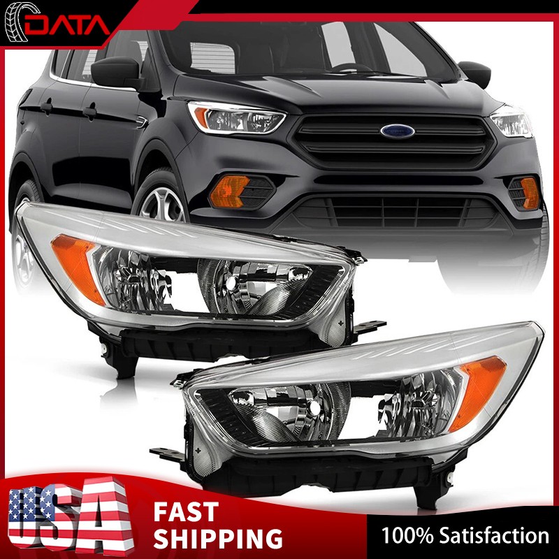 2017-2019 Ford Escape Halogen w/o LED DRL Chroem Headlights Headlamps Left+Right