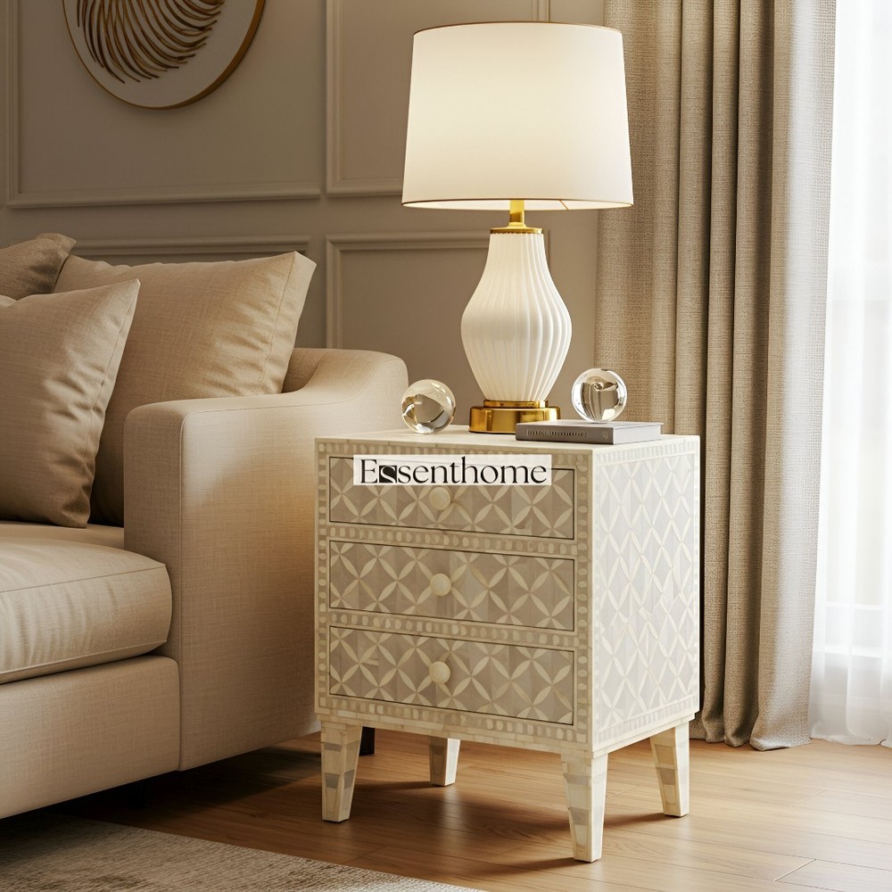 Handmade Off-White Geometric Bone Inlay 3-Drawer Accent Cabinet