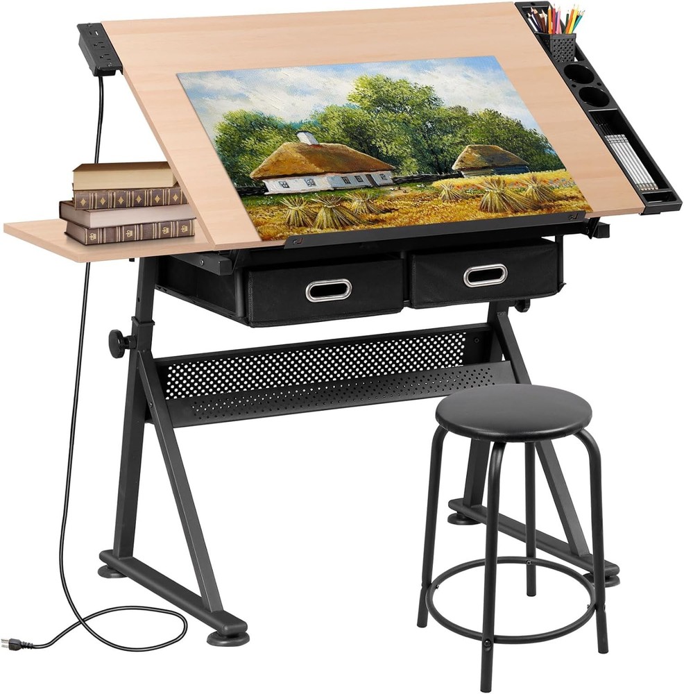 SUPER DEAL Drafting Table Set with Charging Station, Tilting Tabletop Adjustabl