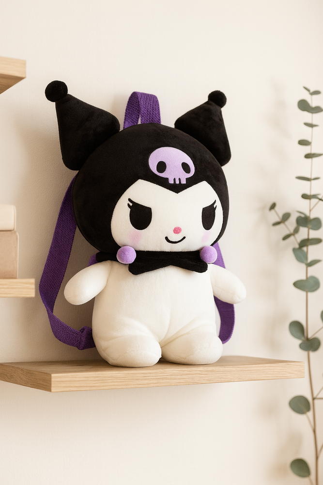 Kuromi Plush Backpack Black and White Skull Design Sanrio Cute Character Bag