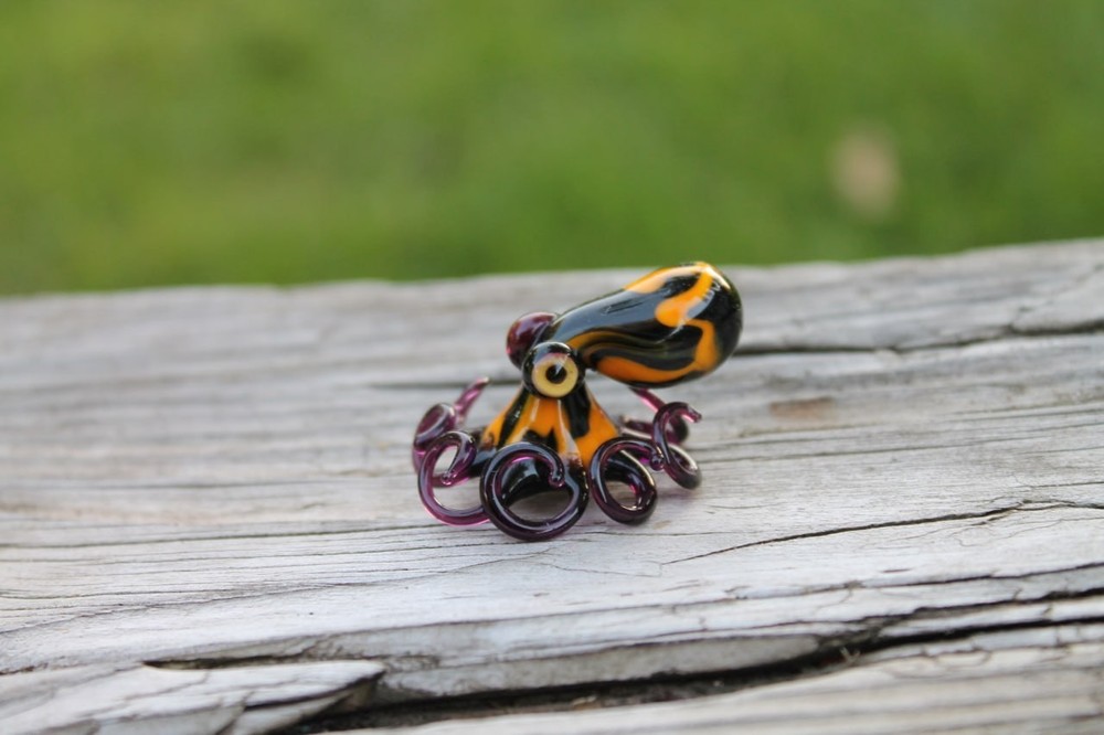 Orange Black Handmade Glass Octopus Figurine –  Lampwork Animal – Miniature