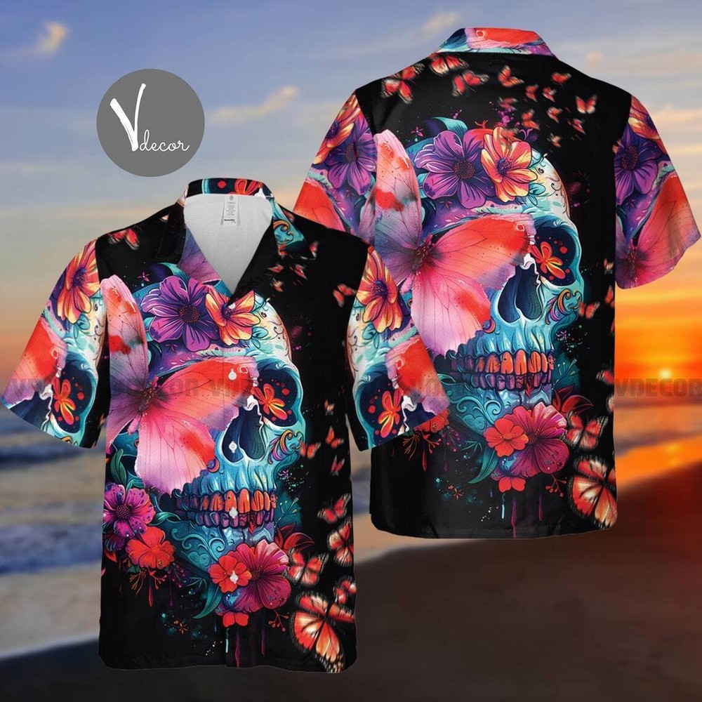 Skull Butterfly Hawaiian Summer Aloha Shirt for Skull Lovers 3D Design
