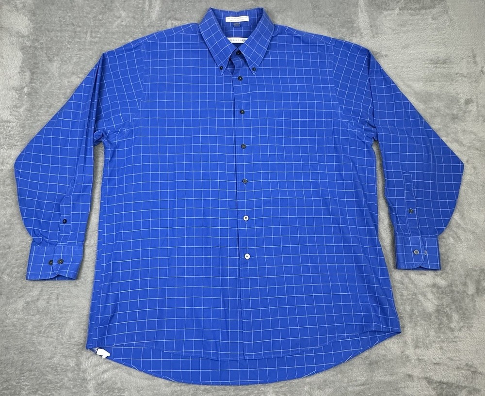VTG Geoffrey Beene Shirt Mens XL 17 34/35 Blue Checked Long Sleeve Button Down