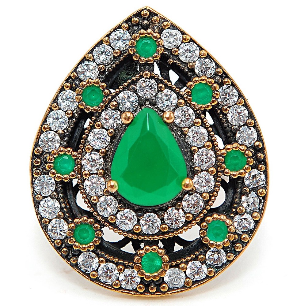 3CT Emerald Silver Ring Sz 8.5 Ottoman Style 925 Sterling