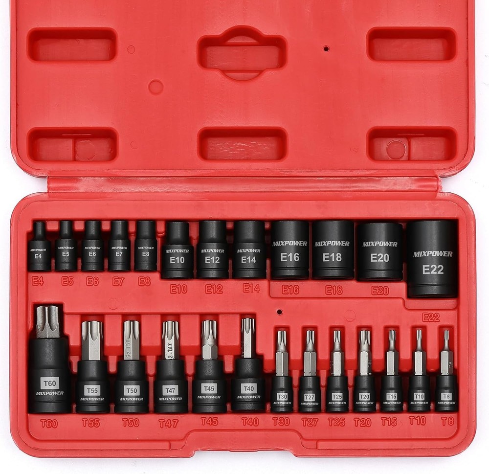 MIXPOWER 25-Piece Torx Bit and Socket Set with 13 Star Bits T8-T60 and E4-E22