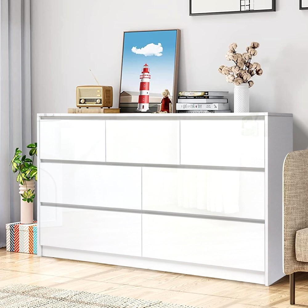 Modern White Malm 7-Drawer High Gloss Wooden Dresser for Bedroom - 55 Inch